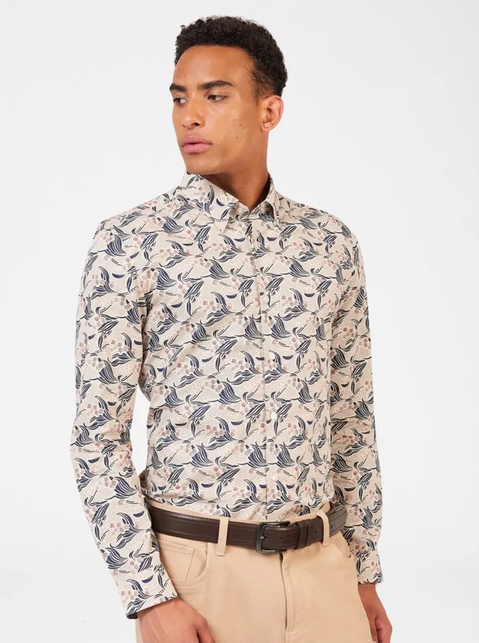 Ben Sherman Long Sleeve Shirts Men Art Nouveau Floral Print 8211 Fog