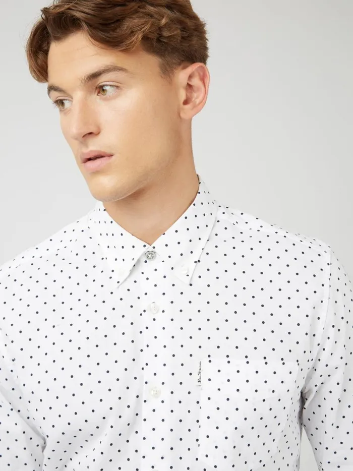 Ben Sherman Long Sleeve Shirts Men White Polka Dot Print LongSleeve Shirt