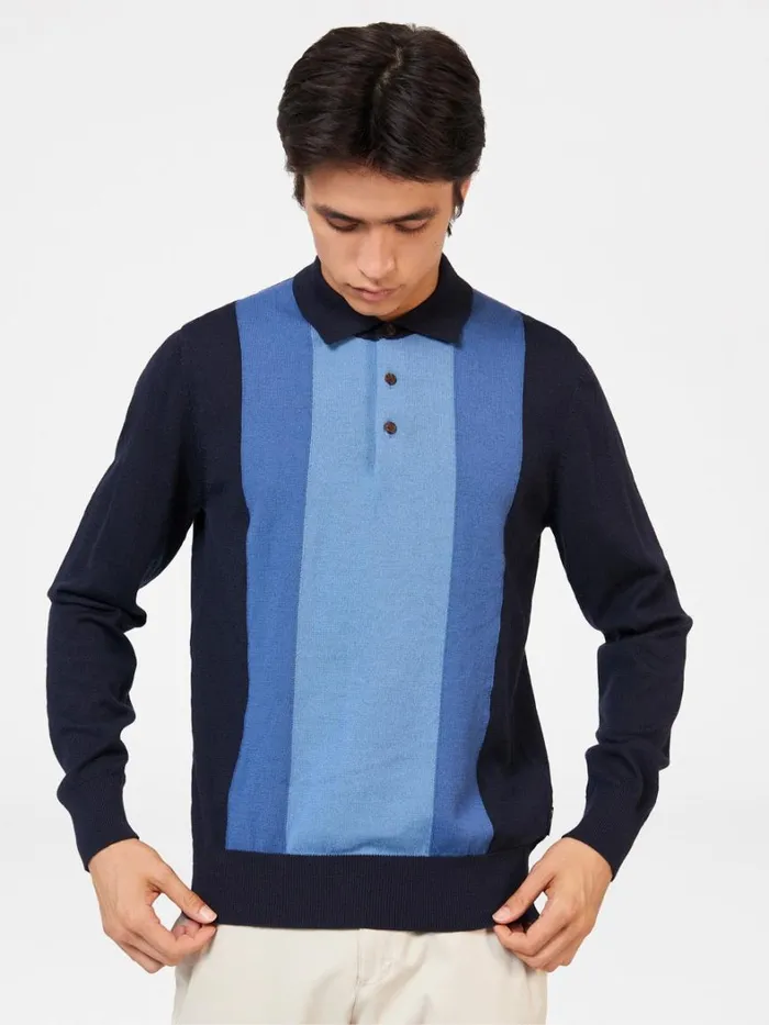 Ben Sherman Mod Knit Polos Men Block Stripe Merino Knit Polo 8211 Dark Navy