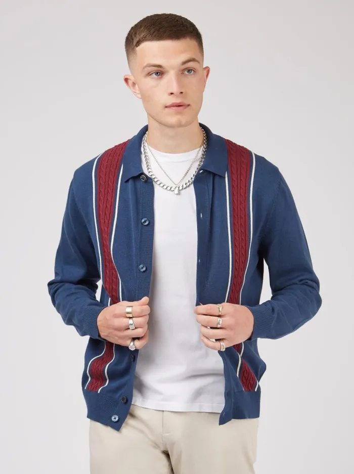 Ben Sherman Mod Knit Polos Men ButtonThrough Contrast Stripe LongSleeve Knit Polo