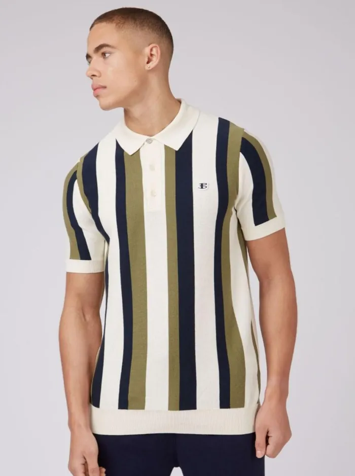 Ben Sherman Mod Knit Polos Men Stripe Knit Polo B By Sweater Polo Summer Polo Outfit Green Stripes Close Up
