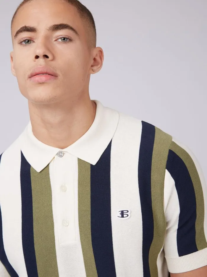 Ben Sherman Mod Knit Polos Men Stripe Knit Polo B By Sweater Polo Summer Polo Outfit Green Stripes Close Up