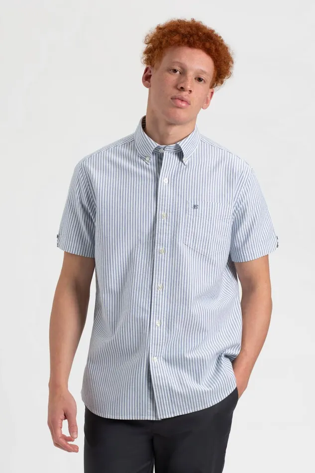 Ben Sherman Oxford Shirts Men Short Sleeve Brighton Oxford Organic Shirt 8211 Indigo Bengal Stripe
