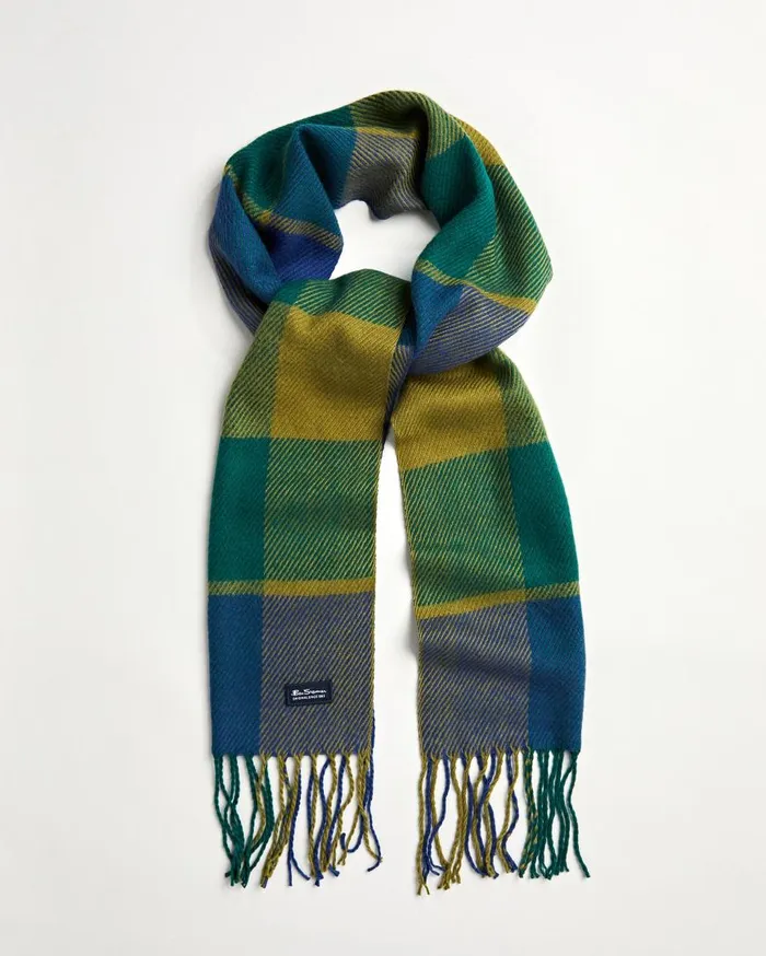 Ben Sherman Scarves and Cold Weather Men Woven Plaid Scarf 8211 Blue DepthsRainforest