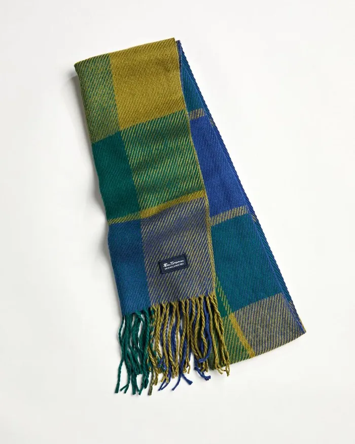 Ben Sherman Scarves and Cold Weather Men Woven Plaid Scarf 8211 Blue DepthsRainforest