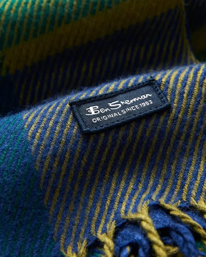 Ben Sherman Scarves and Cold Weather Men Woven Plaid Scarf 8211 Blue DepthsRainforest