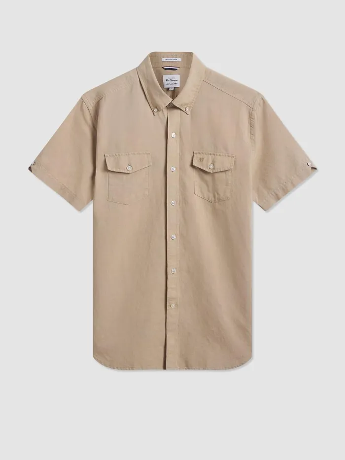 Ben Sherman Short Sleeve Shirts Men Garment Dye ShortSleeve Linen Shirt 8211 Sand