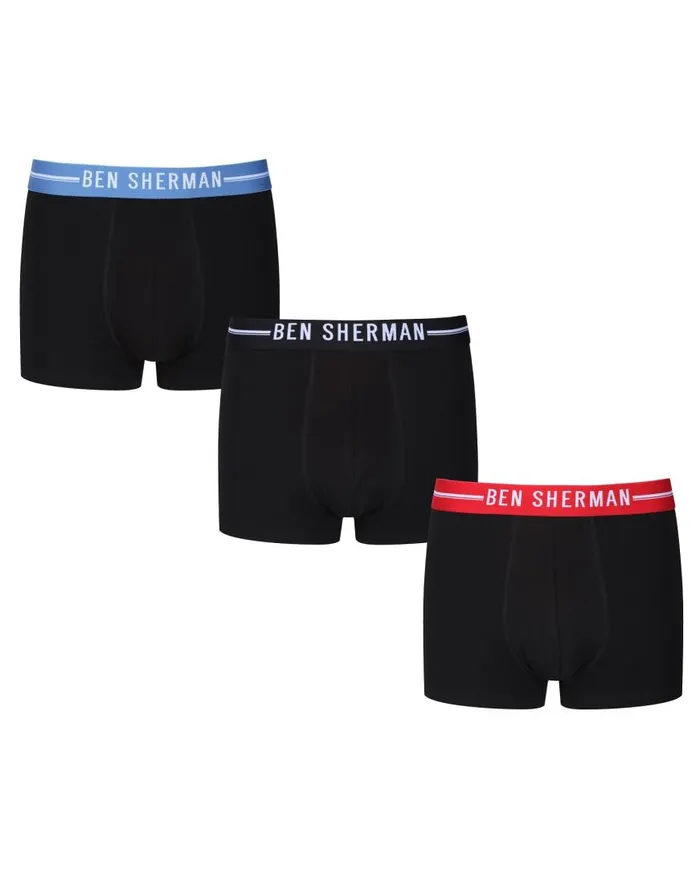 Ben Sherman Underwear Men Brant 3Pack Fitted NoFly BoxerBriefs 8211 Black With Red Black And Delft