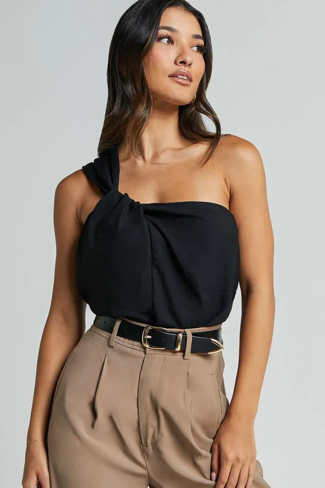 Bobbi Top 8211 Linen Look Knot Detail One Shoulder Top In Black Women Showpo Curve Clothes
