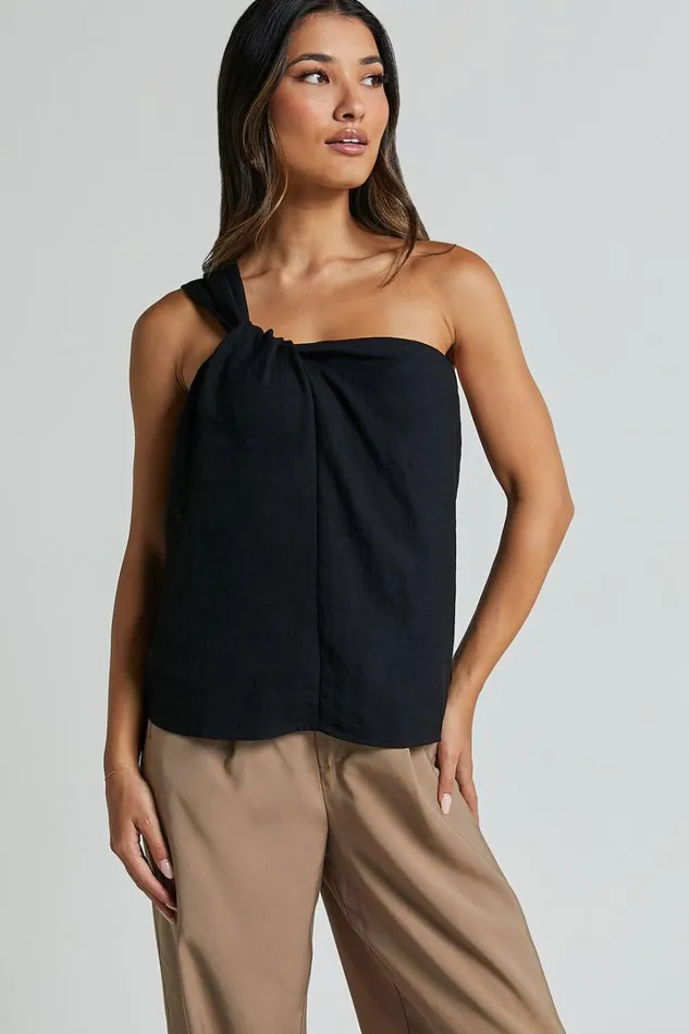 Bobbi Top 8211 Linen Look Knot Detail One Shoulder Top In Black Women Showpo Curve Clothes