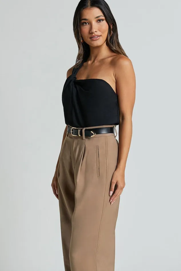 Bobbi Top 8211 Linen Look Knot Detail One Shoulder Top In Black Women Showpo Curve Clothes