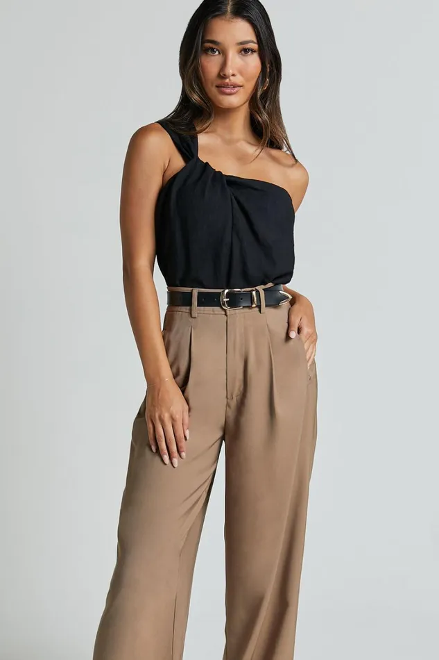 Bobbi Top 8211 Linen Look Knot Detail One Shoulder Top In Black Women Showpo Curve Clothes