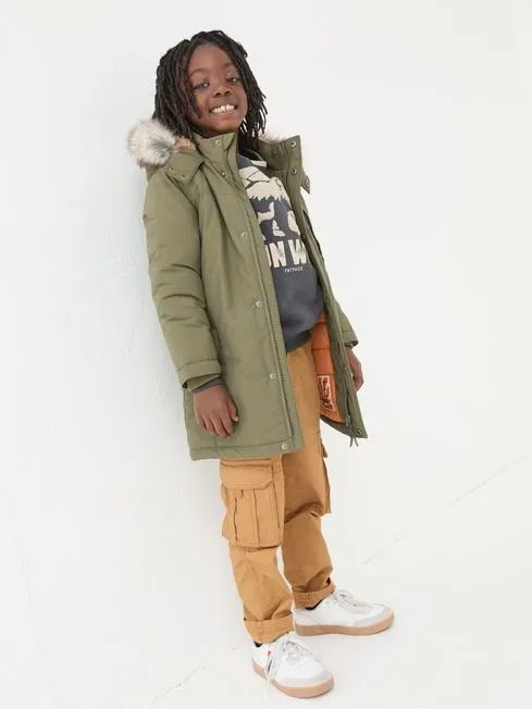 Boys Fatface Coats and Jackets Easdale Khaki Green Hooded Parka Jacket