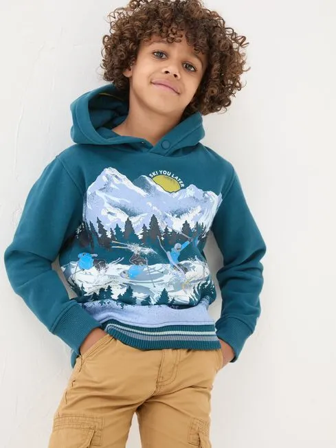 Boys Fatface Sweatshirts and Hoodies Dark Teal Blue Ski Mountain Popover Hoodie
