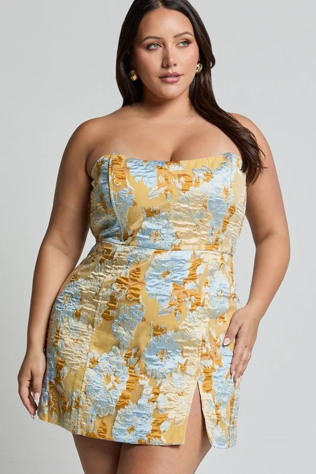 Brailey Mini Dress 8211 Strapless Dress In Blue Jacquard Women Showpo Curve Clothes