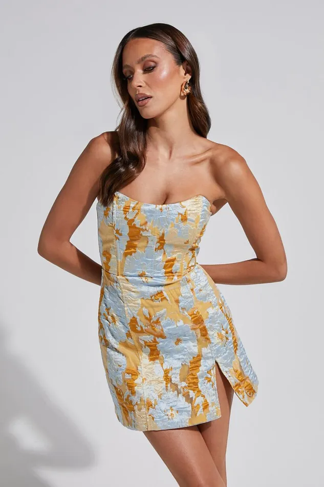 Brailey Mini Dress 8211 Strapless Dress In Blue Jacquard Women Showpo Curve Clothes