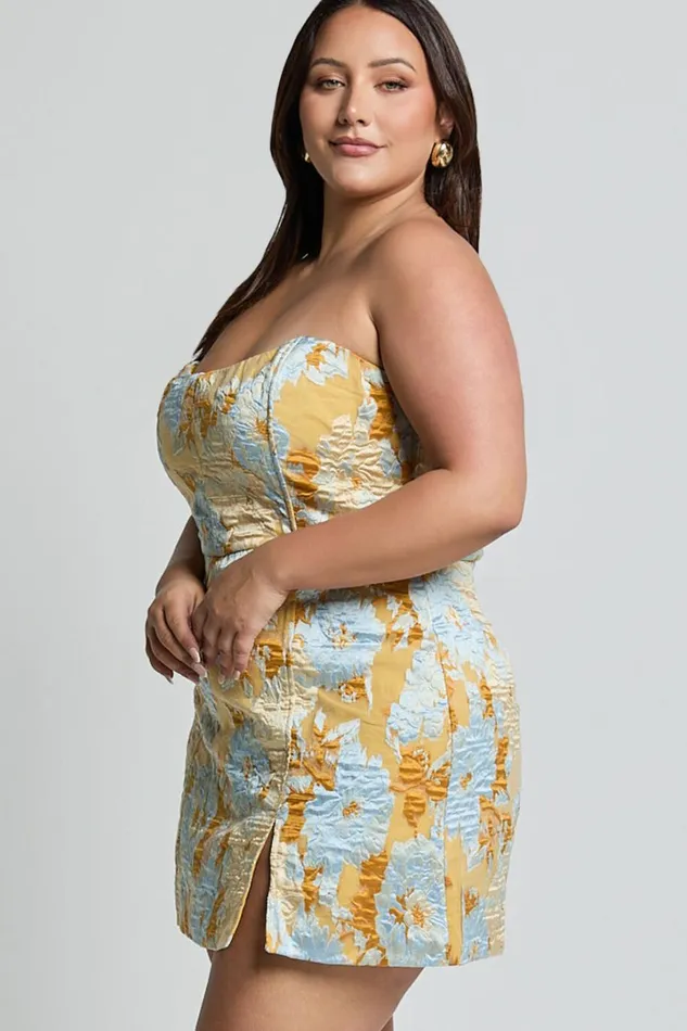 Brailey Mini Dress 8211 Strapless Dress In Blue Jacquard Women Showpo Curve Clothes