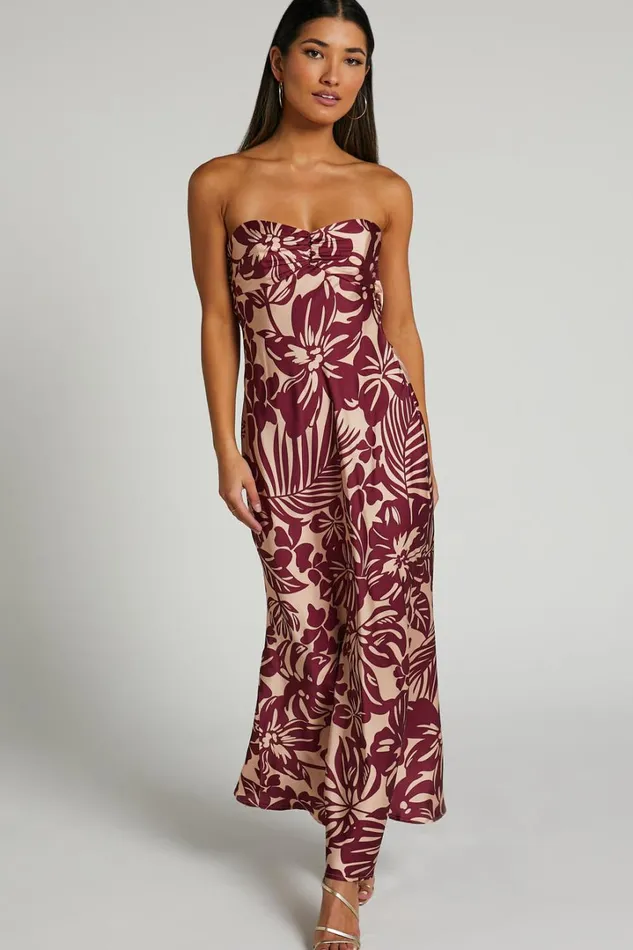BREANA STRAPLESS RUCHED BUST MAXI In Wine Floral Women Showpo Dresses