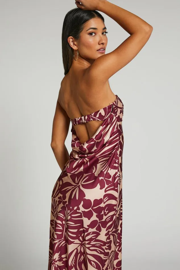BREANA STRAPLESS RUCHED BUST MAXI In Wine Floral Women Showpo Dresses