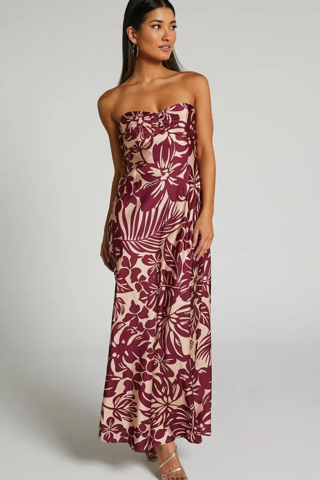 BREANA STRAPLESS RUCHED BUST MAXI In Wine Floral Women Showpo Dresses