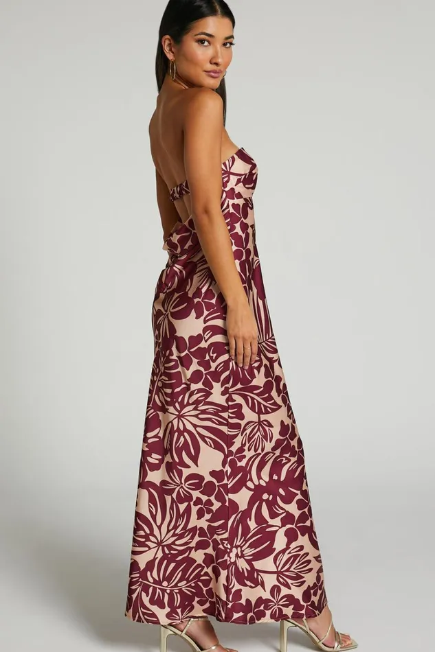 BREANA STRAPLESS RUCHED BUST MAXI In Wine Floral Women Showpo Dresses