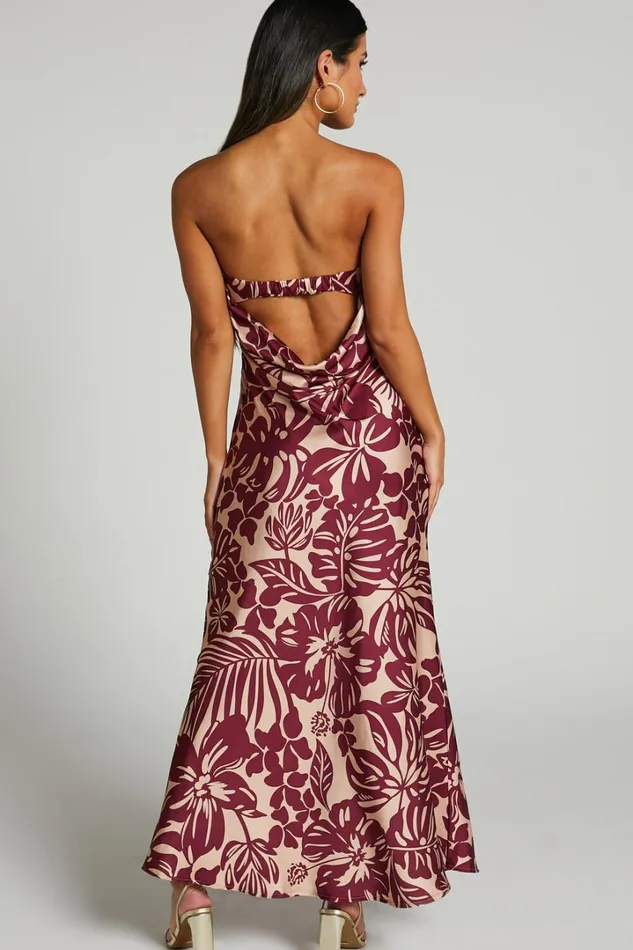 BREANA STRAPLESS RUCHED BUST MAXI In Wine Floral Women Showpo Dresses