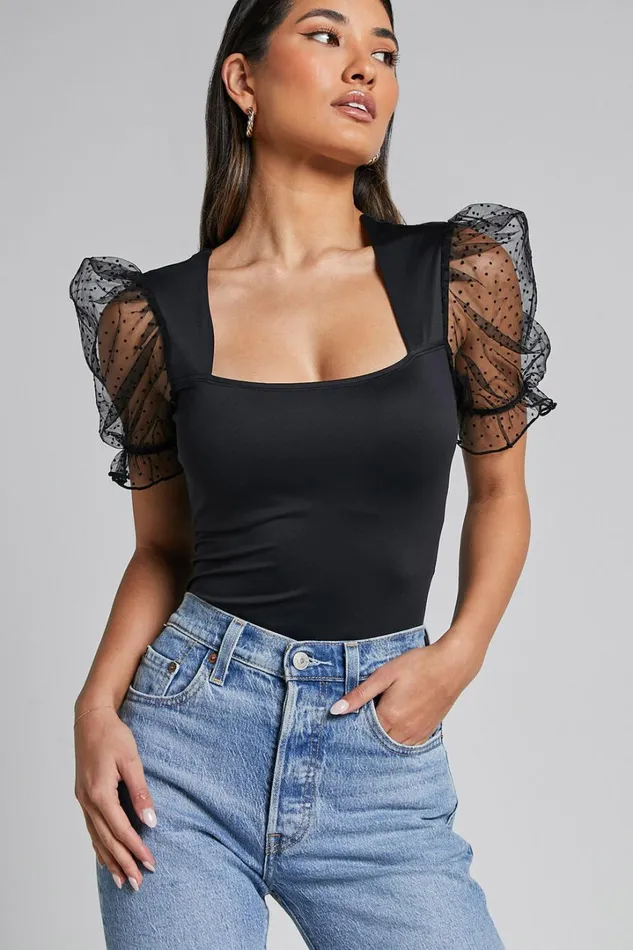 Briggs Bodysuit 8211 Sheer Puff Sleeve In Black Women Showpo Tops