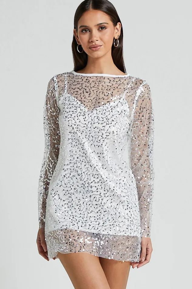Calissa Mini Dress 8211 Long Sleeve Sequin Mesh Dress In White Women Showpo Dresses