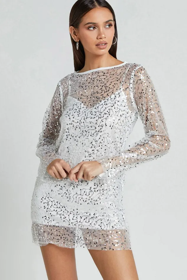 Calissa Mini Dress 8211 Long Sleeve Sequin Mesh Dress In White Women Showpo Dresses