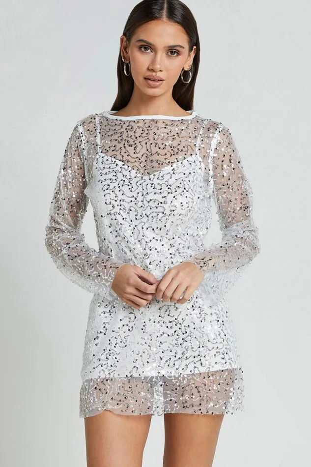 Calissa Mini Dress 8211 Long Sleeve Sequin Mesh Dress In White Women Showpo Dresses