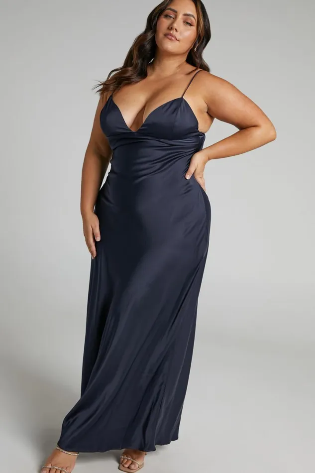 Cariela Midi Dress 8211 Plunge Neck Satin Dress In Navy Women Showpo Dresses