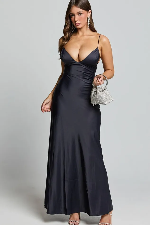 Cariela Midi Dress 8211 Plunge Neck Satin Dress In Navy Women Showpo Dresses