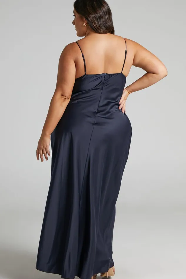 Cariela Midi Dress 8211 Plunge Neck Satin Dress In Navy Women Showpo Dresses