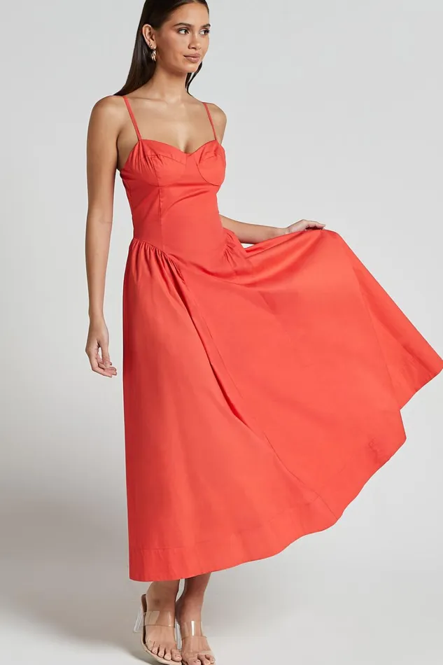 Carla Midi Dress 8211 Strappy Sweetheart Fit And Flare Dress In Scarlet Women Showpo Conscious