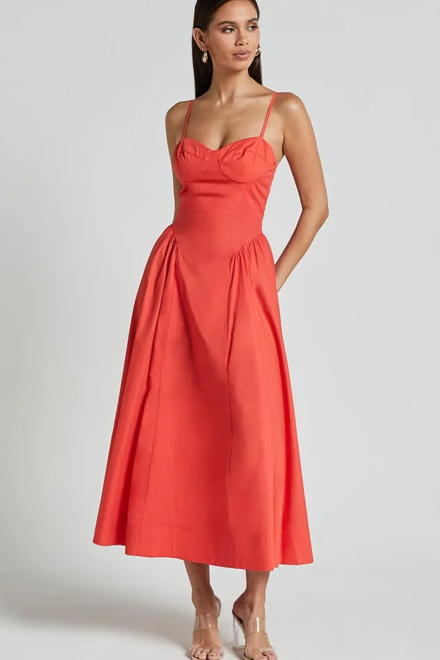 Carla Midi Dress 8211 Strappy Sweetheart Fit And Flare Dress In Scarlet Women Showpo Conscious