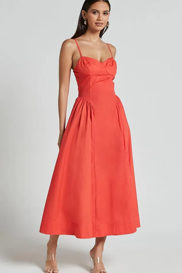 Carla Midi Dress 8211 Strappy Sweetheart Fit And Flare Dress In Scarlet Women Showpo Conscious
