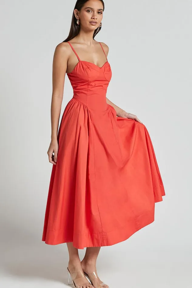 Carla Midi Dress 8211 Strappy Sweetheart Fit And Flare Dress In Scarlet Women Showpo Conscious