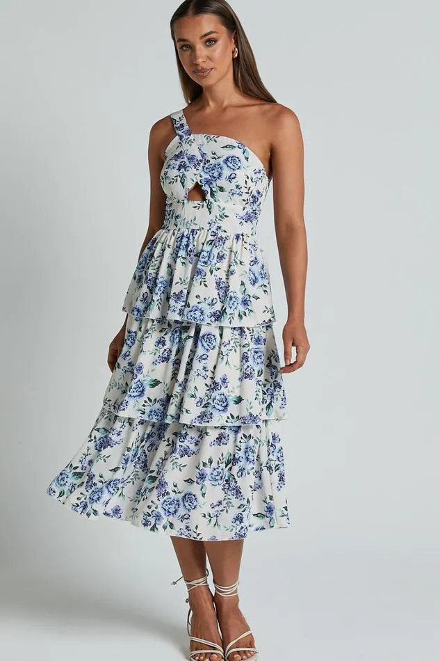 Caro Midi Dress 8211 One Shoulder Tiered Dress In Blue Floral Women Showpo Dresses