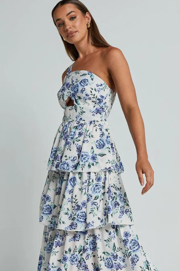Caro Midi Dress 8211 One Shoulder Tiered Dress In Blue Floral Women Showpo Dresses