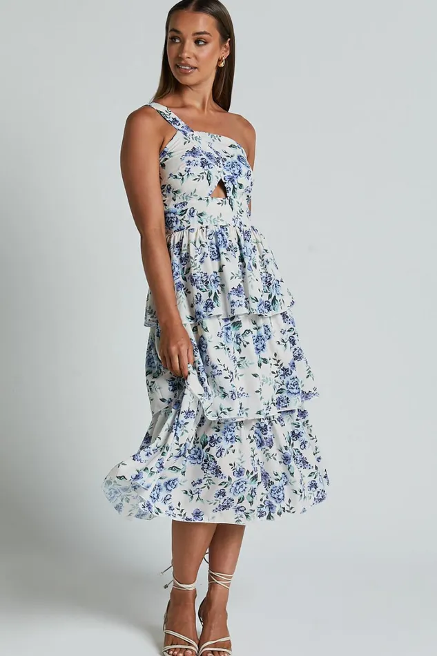 Caro Midi Dress 8211 One Shoulder Tiered Dress In Blue Floral Women Showpo Dresses