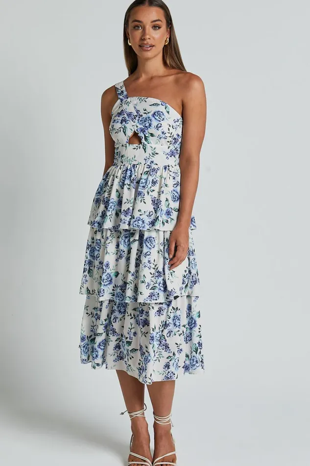 Caro Midi Dress 8211 One Shoulder Tiered Dress In Blue Floral Women Showpo Dresses