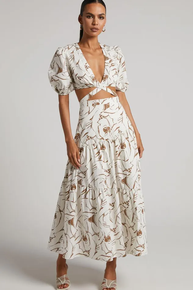 Cecelia Midi Dress 8211 Plunge Neck Puff Sleeve Patterned Dress In Beige Palm Women Showpo Dresses Cecelia Midi Dress 8211 Plunge Neck Puff Sleeve Patterned Dress In Beige Palm Women Showpo Dresses