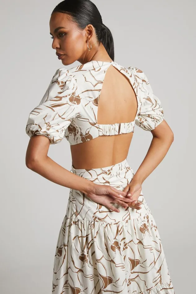 Cecelia Midi Dress 8211 Plunge Neck Puff Sleeve Patterned Dress In Beige Palm Women Showpo Dresses
