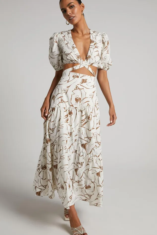 Cecelia Midi Dress 8211 Plunge Neck Puff Sleeve Patterned Dress In Beige Palm Women Showpo Dresses