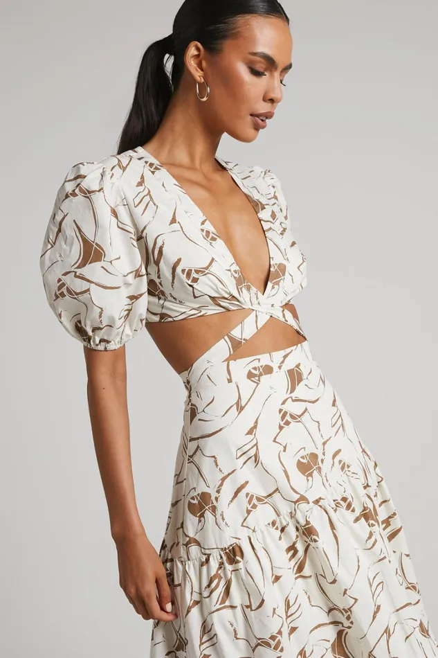 Cecelia Midi Dress 8211 Plunge Neck Puff Sleeve Patterned Dress In Beige Palm Women Showpo Dresses
