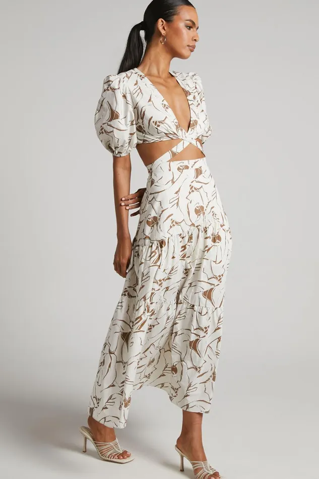 Cecelia Midi Dress 8211 Plunge Neck Puff Sleeve Patterned Dress In Beige Palm Women Showpo Dresses