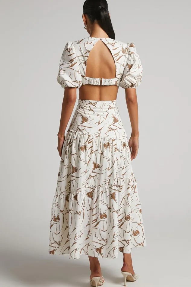 Cecelia Midi Dress 8211 Plunge Neck Puff Sleeve Patterned Dress In Beige Palm Women Showpo Dresses