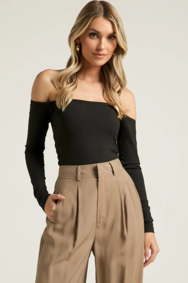 Celerina Top 8211 Off The Shoulder Straight Neck Long Sleeve In Black Women Showpo Loungewear