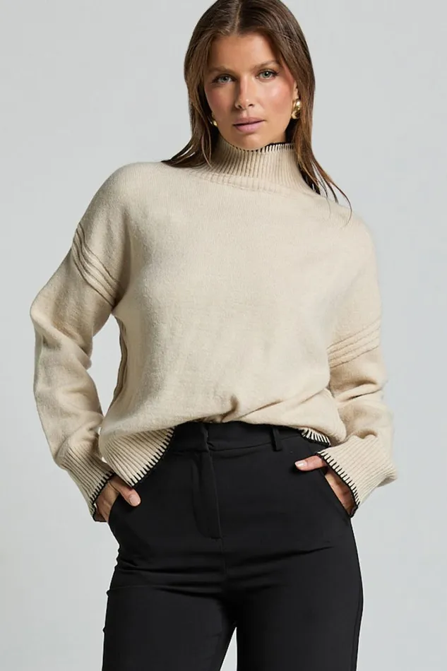 Cera Jumper 8211 High Neck Contrast Seam Stitch Detail Knit Jumper In Sand Women Showpo Sweaters and Cardigans