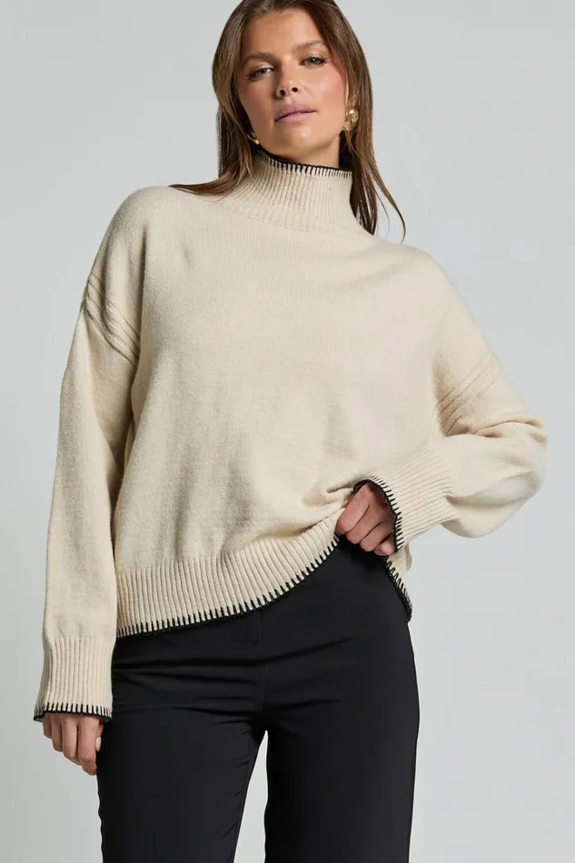 Cera Jumper 8211 High Neck Contrast Seam Stitch Detail Knit Jumper In Sand Women Showpo Sweaters and Cardigans